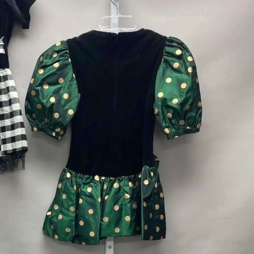 RARE Vintage My Michelle 80s Party Dress Girls 7 Gold Green Black Polka Dots
